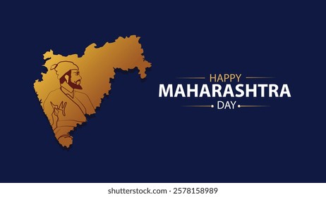  illustration celebrating Maharashtra Day, featuring a golden silhouette of Maharashtra’s map with an artistic depiction of Chhatrapati Shivaji Maharaj.The typography of "Happy Maharashtra Day" 