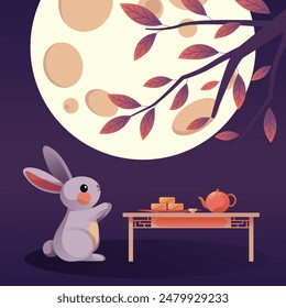 An illustration celebrating the Mid-Autumn Festival, with a little rabbit praying to the moon, and mooncakes and tea on the table