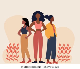 Illustration celebrating Women's Day, featuring strong, diverse women standing together. Perfect for themes of empowerment, equality, and unity. Flat design style