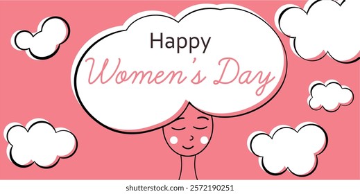 Illustration Celebrating Women's Day with Pink Background and Positive Atmosphere. Celebrate Women's Day with this cheerful illustration featuring a smiling face and encouraging text.