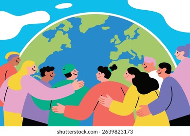 An illustration celebrating World Population Day, showing diverse people embracing Earth in unity and friendship.