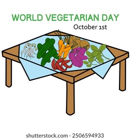 Illustration celebrating World Vegetarian Day with a colorful assortment of fresh vegetables on a table. Highlighting healthy eating and plant-based diets.