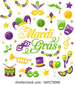 Illustration Celebration Background with Set Mardi Gras and Carnival Icons and Objects - Vector