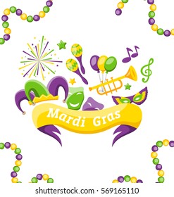 Illustration Celebration Banner with Set Carnival Icons and Objects for Mardi Gras, Fat Tuesday - Vector