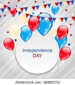 Illustration Celebration Card With Balloons And Hanging Bunting Pennants In American Flag Colors For Independence Day - Vector