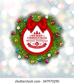 Illustration Celebration Card with Christmas Wreath and Balls, New Year Decoration on Magic Background - Vector