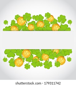 Illustration celebration card with clovers and golden coins for St. Patrick's Day - vector