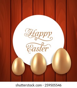 Illustration celebration card with Easter golden eggs on wooden red background - vector