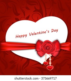 Illustration Celebration Card Heart Shaped with Silk Bow and Red Rose for Valentines Day - Vector