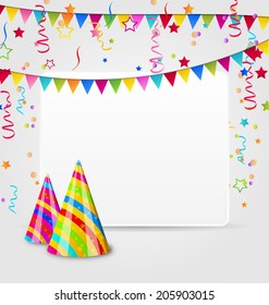 Illustration celebration card with party hats, confetti and hanging flags - vector