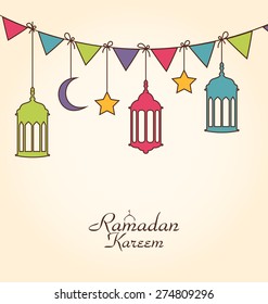 Illustration Celebration Card for Ramadan Kareem with Colorful Hanging Lamps and Bunting - Vector