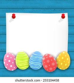 Illustration celebration empty paper card with Easter ornamental eggs on wooden blue background - vector