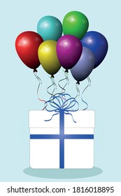 Illustration Celebration, festival color background with helium balloons. Greeting banner or poster with multicolored realistic 3d flying balloons. birthday poster. Gift box