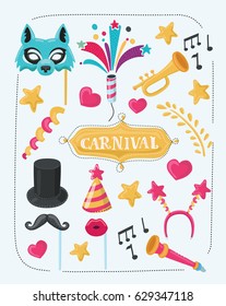 Illustration Celebration Festive Banner for Happy Carnival with Party Colorful Icons and Objects - Vector