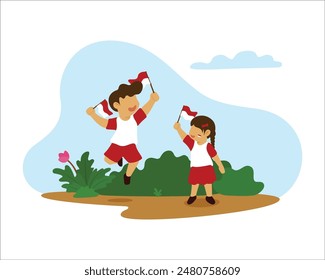 illustration of celebration of Indonesian independence day 17 August illustration of happy children celebrating Indonesian independence carrying the Indonesian flag and children saluting the Indonesia