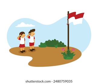 Illustration der Feier des indonesischen Unabhängigkeitstages 17. August Illustration von glücklichen Kindern, die die indonesische Unabhängigkeit feiern, tragen die indonesische Flagge und Kinder, die Indonesien grüßen