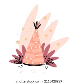 Illustration of a celebratory hat with a background. Simple cute style for kids. Universal use. Wall sticker, card, invitation, party decoration.