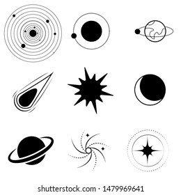 Illustration of celestial bodies, planets and stars. Space bodies set. Solar system.