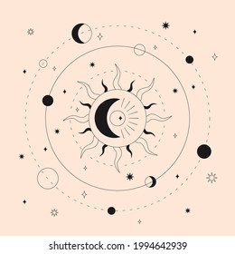 Illustration von Himmelssonne und Mond mit Sternen und Planeten. Mystischer Ausdruck für Astrologie, Tarot, Boho Design. Vektorgrafik, esoterisches Design.