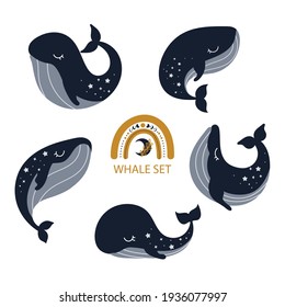 Illustration with celestial whales set isolated on white background. Magic ocean character cartoon style. Vector illustration.