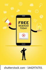 Illustration of a cell phone doing webinar to a businessman