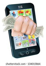 An illustration of a cell phone with a fist full of dollars coming out of the screen