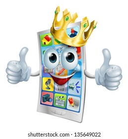 Illustration of a cell phone king character wearing a gold crown and giving a double thumbs up
