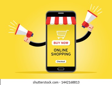 Illustration of cell phone selling goods using two loudspeaker