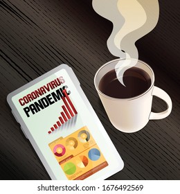 Illustration of a cell phone or tablet with the headline "CORONAVIRUS PANDEMIC" on the screen.
