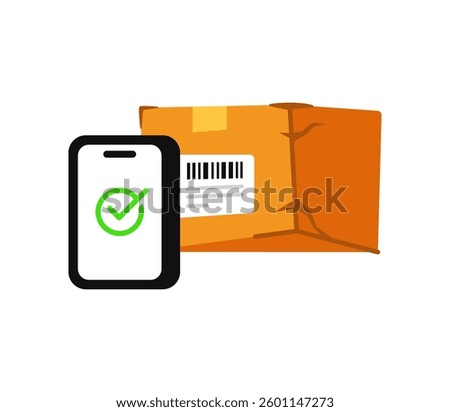 Illustration of cellphone successfully scanning a package box. Box package with barcode attached. Successful scan icon, graphic elements