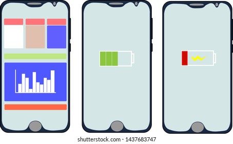 an illustration of cellphones or tablets with some statistics graphics in the screen and the battery signal