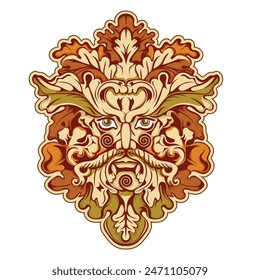 Illustration in Celtic Scandinavian style. Illustration of the Green Man painted in vintage, ancient Celtic style, with oak leaves and Celtic patterns, isolated on white, vector illustration