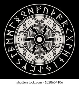 Illustration in Celtic Scandinavian style. Celtic pattern, Sun wheel, mandala and circle of Scandinavian runic symbols, old Norse runic alphabet, vector illustration