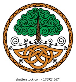 Illustration in Celtic Scandinavian style. World Tree Yggdrasil and Celtic Patterns, isolated on white, vector illustration