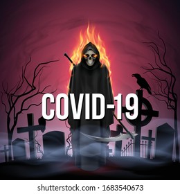 Illustration of Cemetery and Angel of Death with a Scythe on Fire. Apocalypse and Hell Concept Design Coronavirus Epidemic COVID-19. Deadly SARS-CoV-2 Spread in Europe and World