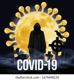 Illustration of Cemetery and Grim Reaper. Apocalypse and Hell Concept Design Coronavirus Epidemic COVID-19. Deadly SARS-CoV-2 Spread in Europe and World