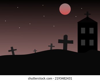 Illustration of cemetery at night with full moon.