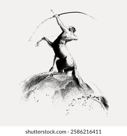 Illustration of a centaur archer on a hill, drawing a bow. The centaur, a mythical creature, is poised, aiming skyward. The archer centaur stands on a rocky hill. Vintage art illustration, vector.