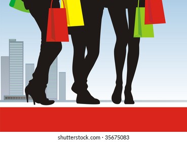 In the illustration centre three pairs feet are located. Near to them bright packages with purchases. On a distance shot the city landscape is visible.