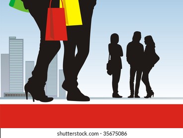 In the illustration centre two pairs feet and bright packages are located. Near to them there are three figures of teenagers. On a distance shot there is a city landscape.