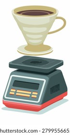 An illustration of a ceramic coffee dripper placed above a modern digital scale for precision coffee preparation