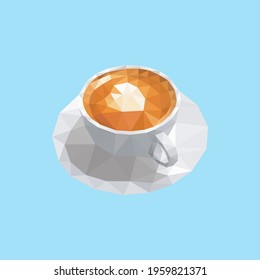 Illustration of a ceramic cup of coffee with milk cream isolated on blue background. Hot drink low polygon style vector.