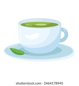 Illustration of a ceramic cup with green tea and a single leaf on a saucer, isolated on white