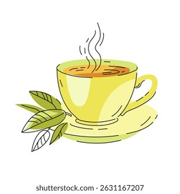 Illustration of a ceramic cup with hot tea. Cup on a saucer with steam and tea leaves placed on the side. Vector illustration isolated on white background. Cute design. Yellow-green colors.