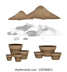 Illustration of Ceramic Flower Pots or Clay Plant Pots with Pebbles and Potting Soil for Growing Plants, Herbs and Vegetables 