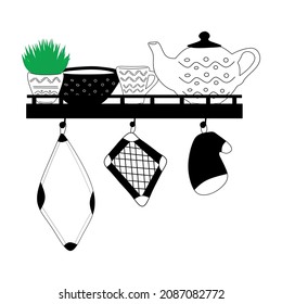 Illustration of ceramic kitchenware on the shelf
