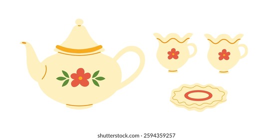  Illustration of ceramic tea set. Tea cup, teapot and saucer.