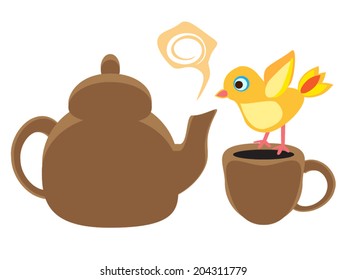 Illustration of a ceramic teapot and a cup of tea and a curios little yellow bird sitting on the cup. Cartoon, silhouette. 