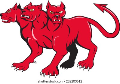 Illustration of cerberus, in Greek Roman mythology, a multi-headed usually three-headed dog or hellhound with a serpent's tail and  lion's claws done in cartoon style.