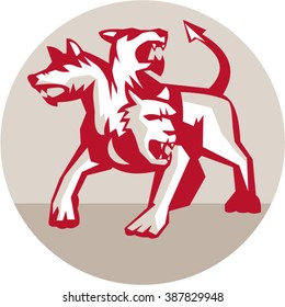 Illustration of cerberus, in Greek and Roman mythology, a multi-headed usually three-headed dog, or hellhound with a serpent's tail, a mane of snakes lion's claws inside circle done in retro style.